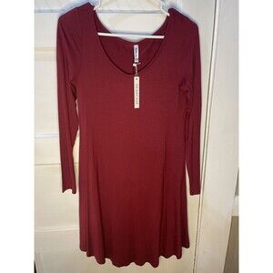 DEARCASE Women NEW Long Sleeve V-Neck Casual Loose T-Shirt Dress Red XSmall